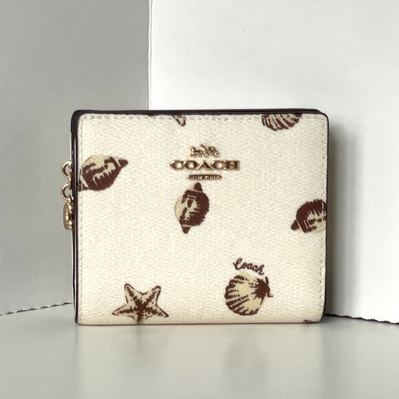 Coach Snap Wallet ID Shell Print CBO73 White Brown Small Billfold ORGPKG Charm - Picture 7 of 8